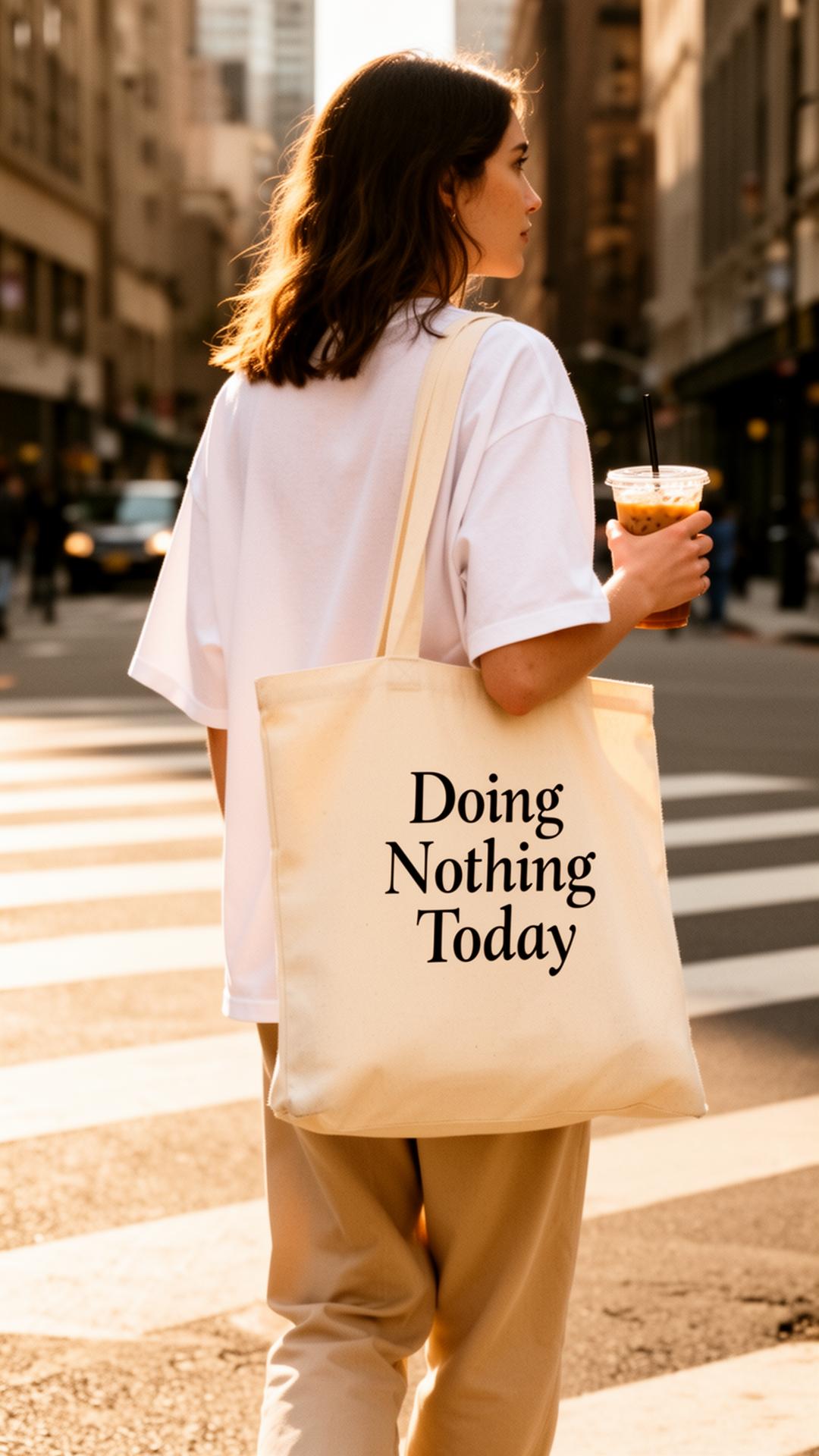 Woman walking with Doing Nothing Today tote bag